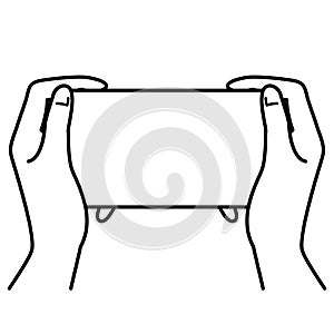 Hands holding smartphone,  touching screen, monochrome illustration